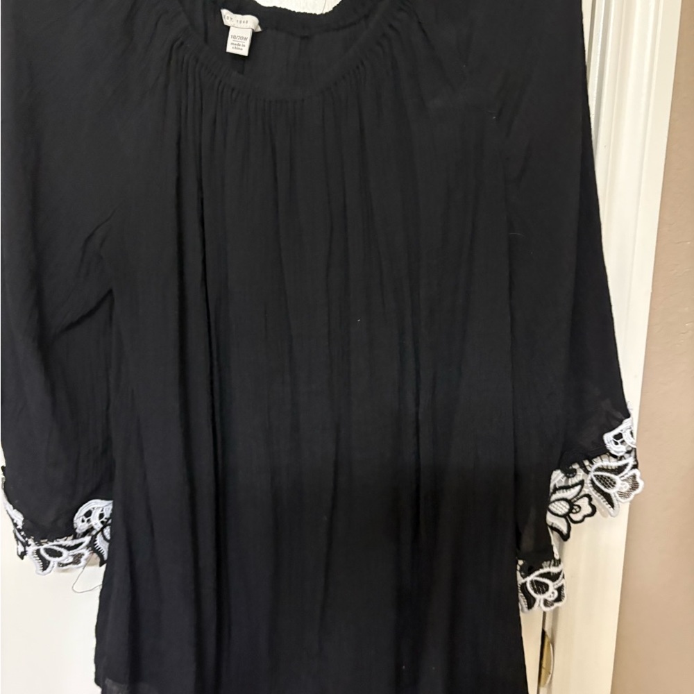 Catherines Black Blouse with White Lace Accents